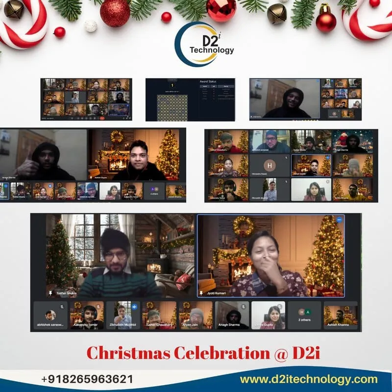 D2i Technology Christmas celebration collage featuring team members in virtual meetings.