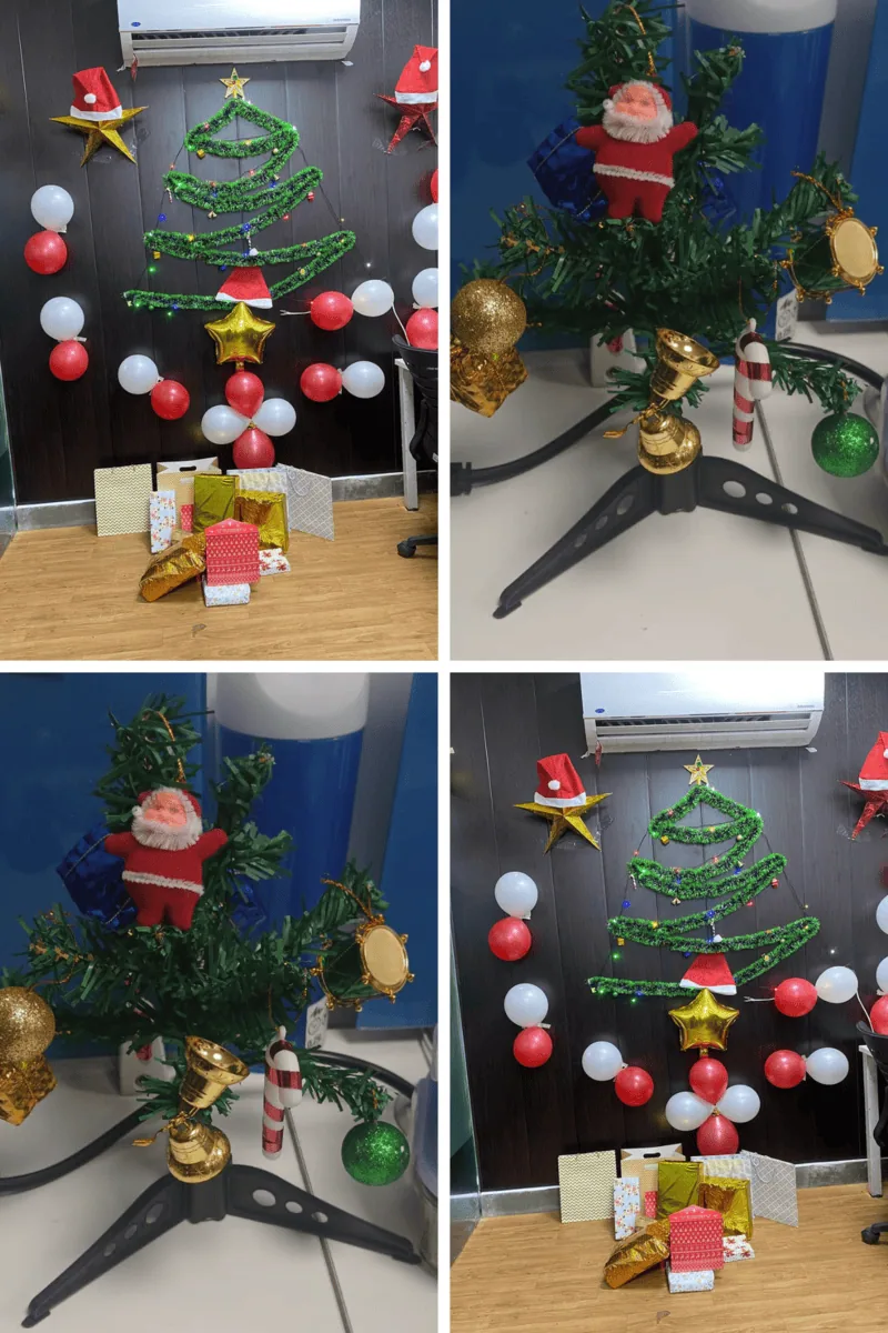 Grid of four close-up photos: wrapped gifts on a desk, a hanging ornament, a small Santa figurine, and a Christmas tree wall decoration.